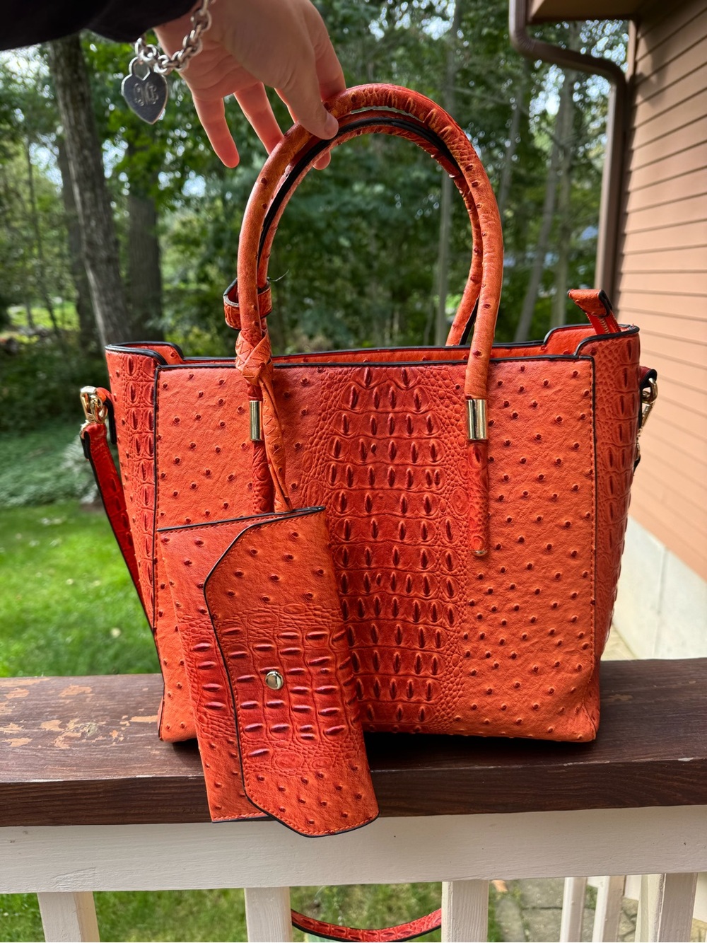 Orange Croc-Embossed Shoulder Tote with Detachable Pouch (faux leather)
